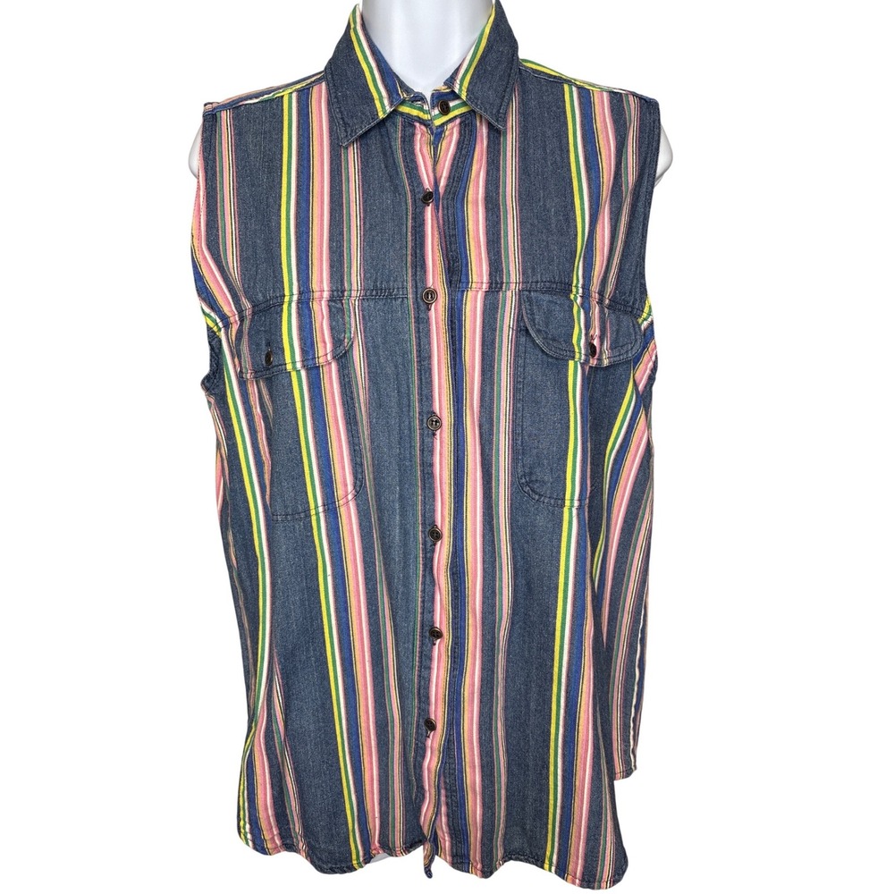Vtg Coastline Womens Blue Striped Sleeveless Button‎ Down Shirt M Excellent 90s